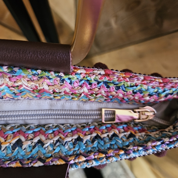 Boho Bundle! Woven Fabric Tote Bag Metal Handle Pom Poms And NWT Guess Wallet - Picture 8 of 12